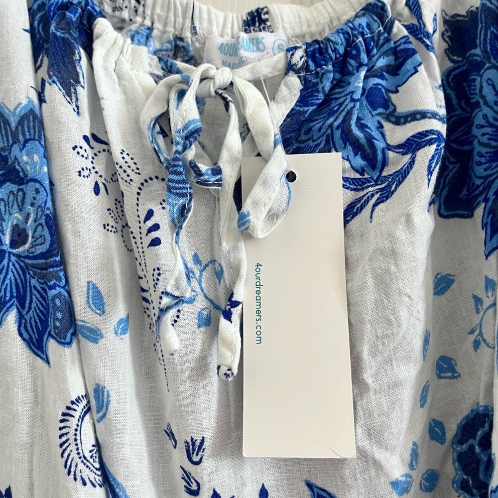 New with tag: Linen Blend White Mini Dress with Blue Floral Print - Picture 3 of 3